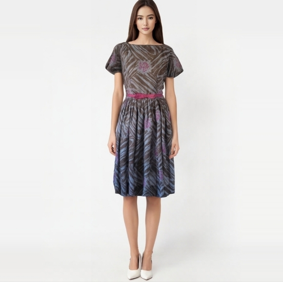 Vintage Dresses & Skirts - Vintage‎ 1940's Gray Brown and Raspberry Floral Fit and Flare Dress